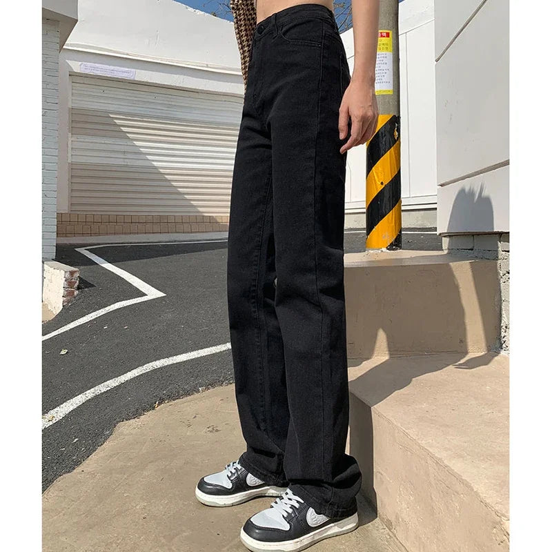 Woman Korean High Waist Streetwear Straight Leg Jeans Girls Y2k Clothes Pants Female Fashion Black Baggy Harajuku Denim Trousers
