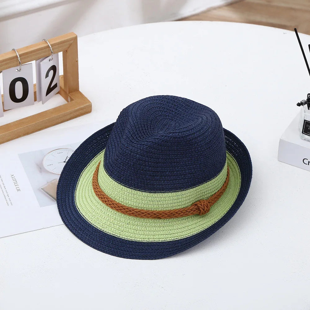 Classic Nostalgic Striped Straw Hat for Outdoor Travel Parent-child Fedoras Sun Shading and Sun Protection Denim Hat