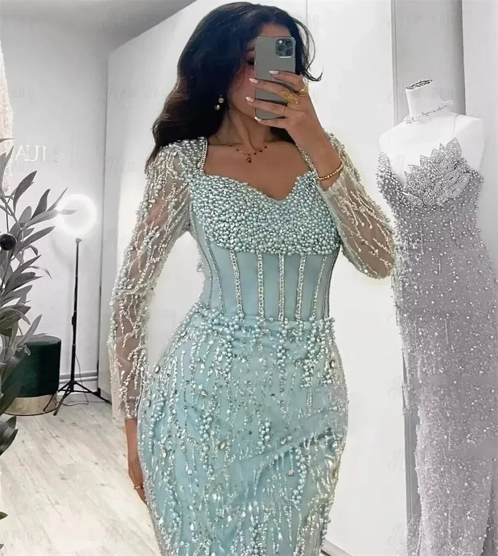 Contessa Custom Luxury Mint Green Mermaid Evening Gown Long Sleeve Corset Heavy Beaded Pearls Dubai Prom Dress Formal Party