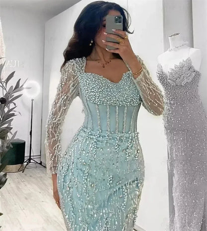 Contessa Custom Luxury Mint Green Mermaid Evening Gown Long Sleeve Corset Heavy Beaded Pearls Dubai Prom Dress Formal Party
