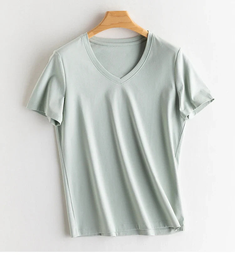 6% Real Silk Cotton Modal Women's T-shirt 2026 Summer Tees Short Sleeve Solid Tee Shirts V-neck Casual Woman Basic T shirt Tops
