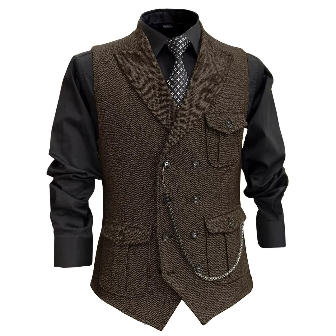 Men Vest GrayHerringbone Double Button With Pocket Waistcoat For Wedding Party Banquet Business Casual Daily Work Men Suit Vest