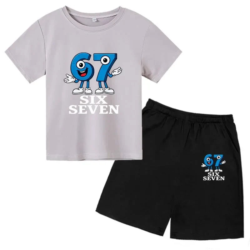 67 Funny Cartoon Number Print Kids Summer Casual 2PCS Breathable Tees+Short Pants Suits 2-13 Years Boys Girls Fashion Clothes