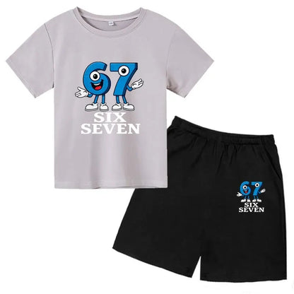 67 Funny Cartoon Number Print Kids Summer Casual 2PCS Breathable Tees+Short Pants Suits 2-13 Years Boys Girls Fashion Clothes