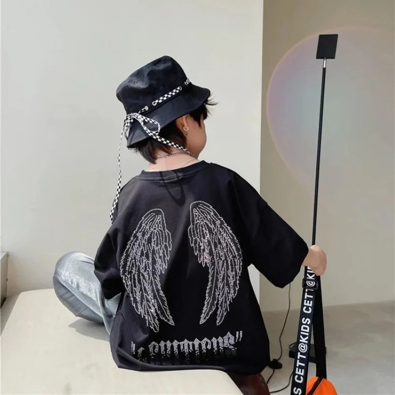 Wings with Rhinestones Trendy Short-sleeve for Kids T-shirt Children Clothes 7 To 14 Years Child 2025 Children's Clothing Korean