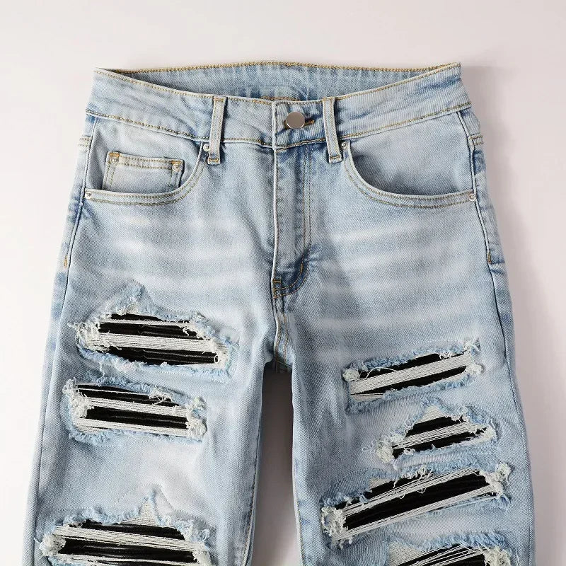 High Street Jeans Patch Hand-worn Holes Slim Skinny Jeans for Men