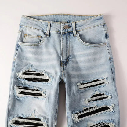 High Street Jeans Patch Hand-worn Holes Slim Skinny Jeans for Men