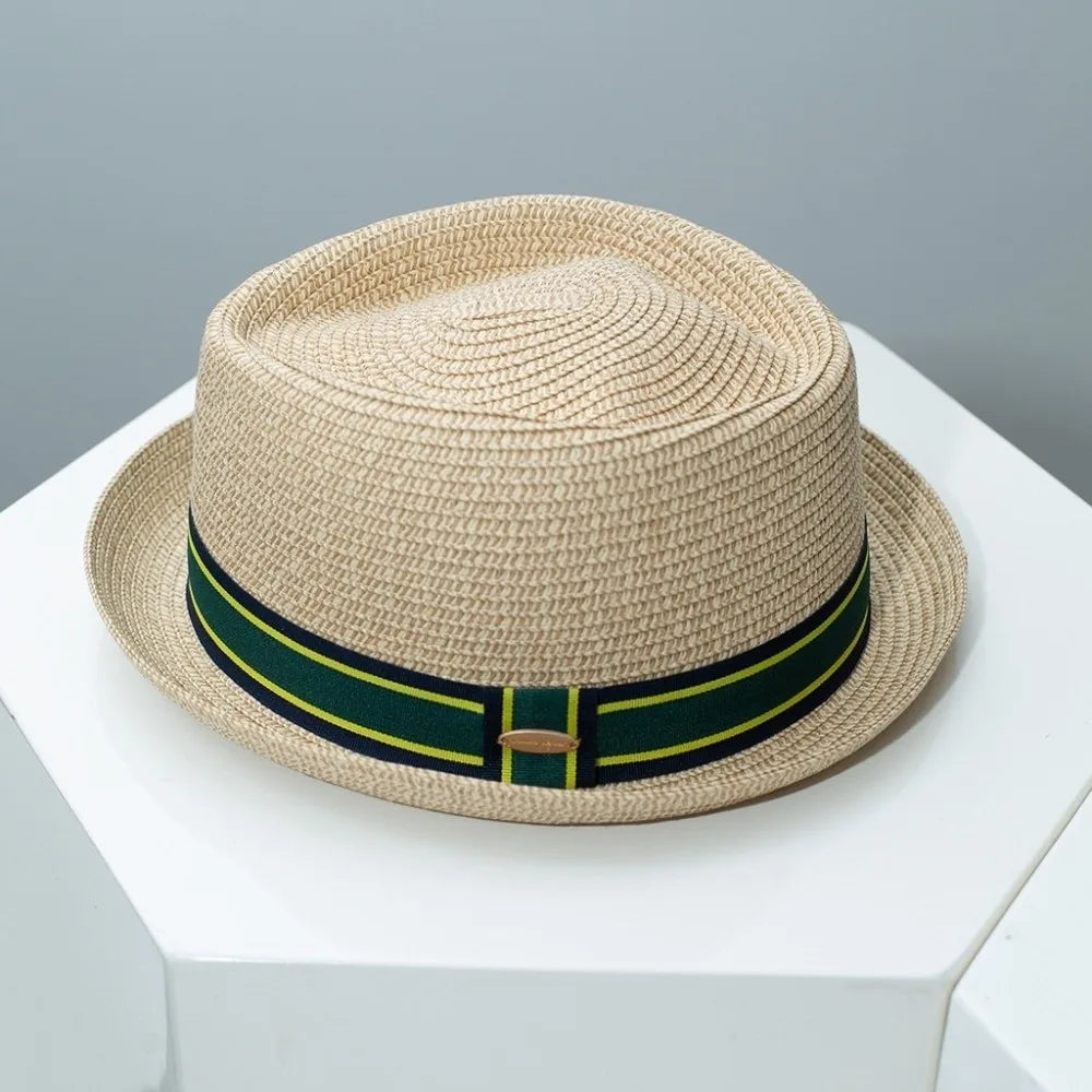 Fashion Vintage British Trilby Straw Hat Breathable Cuban Travel Cap Beach Sun Hat Handwoven Men's Summer Straw Fedora