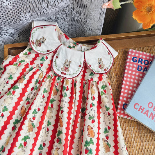 Flower Collar Rabbit Embroidered Girls' Dress 2025 Summer Style Cartoon Print Sweet and Cute Baby Sleeveless Dress