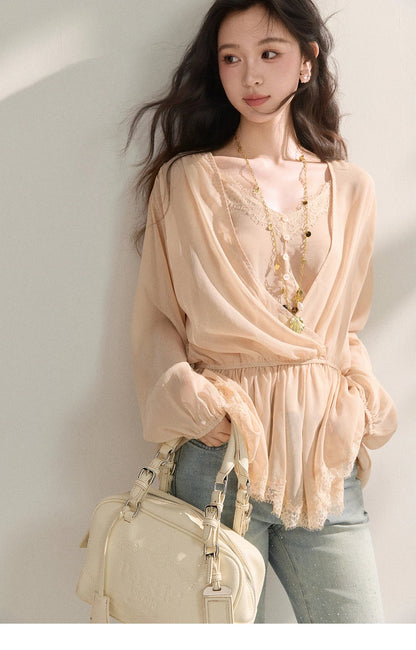 Women's French Style Beige Sheer Chiffon Blouse V Neck Lace Trim Elastic Waist Peplum Top For Spring Summer MXF16T1588
