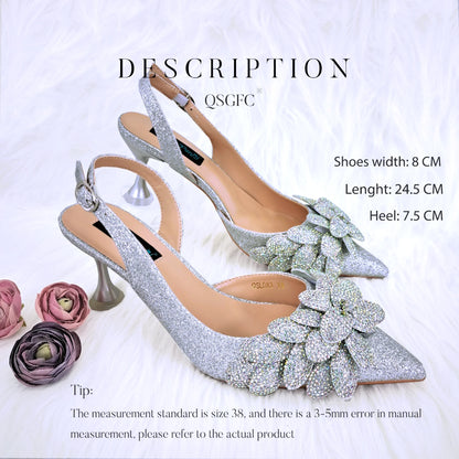 New Sky Blue Satin Handmade Flowers Shoes And Bag African Women's Banquet Pointed Toe Heels Matching Shoes And Bag Wedding Party