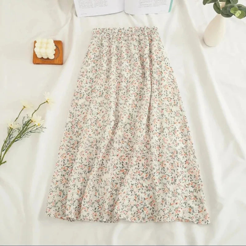 Women Chiffon Midi Skirt Korean Fashion Floral Loose Skirts High Waist Female Casual All Match A Line Skirts Summer New