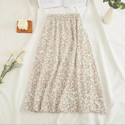Women Chiffon Midi Skirt Korean Fashion Floral Loose Skirts High Waist Female Casual All Match A Line Skirts Summer New