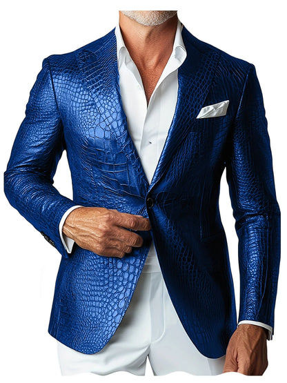 Luxury Men's Crocodile Embossed Leather Blazer Notch Lapel Suit Fit 1 Button Jacket Shiny Croc Print Formal Business Party Coat