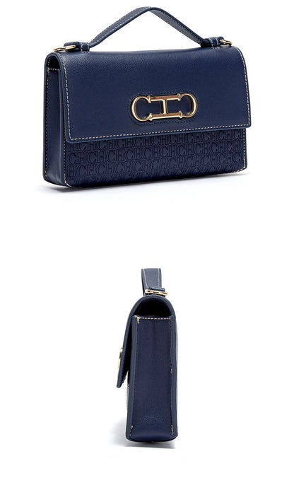Premium Leather Handbag Monogram Embossing Metallic Clasp Portable Handle Structured Silhouette Ideal Office Evening Events