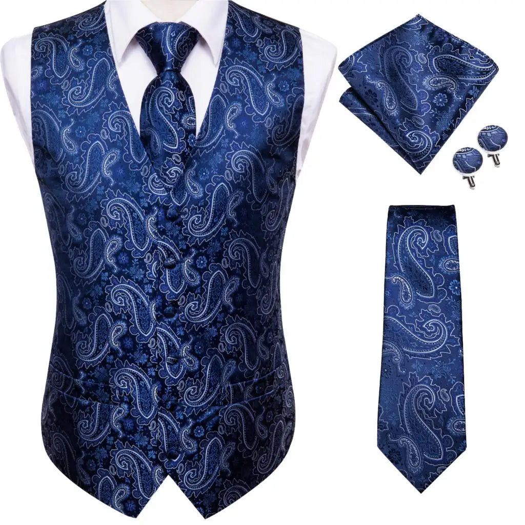 Jacquard Mens Suit Vests Gold Solid Plain 4PC Waistcoat Tie Hanky Cufflinks Set Business Wedding Dress Waist Jacket