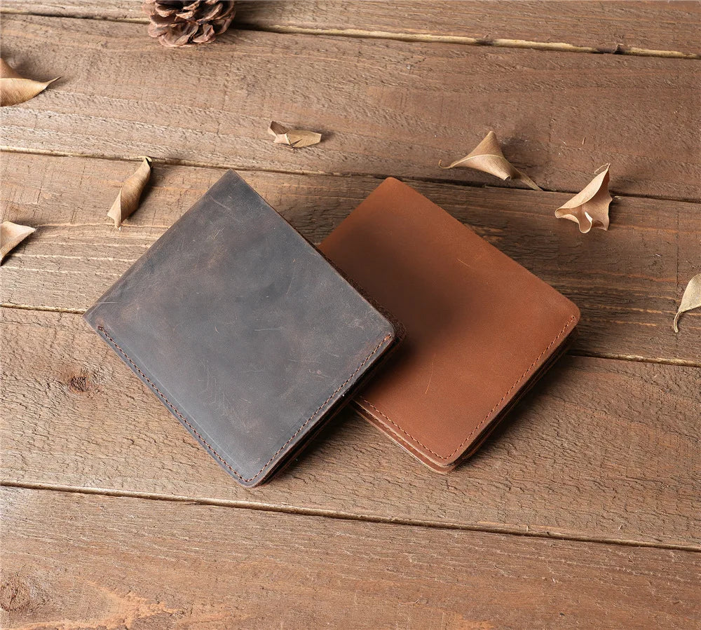Men Handmade Crazy Horse Leather Wallet Men's Casual Simple Horizontal First Layer Cowhide Short Genuine Leather Clutch
