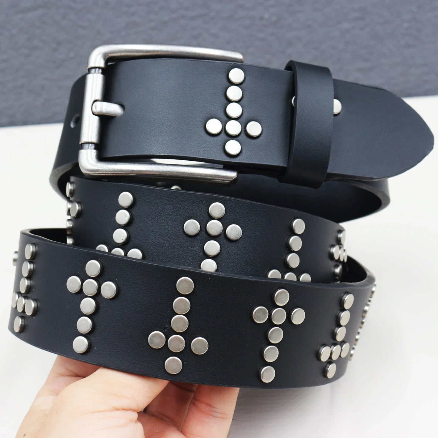 Rock Genuine Leather Luxury Punk Belt Jeans Heavy duty Hollow manual  Designer Brand Belt Men Rivet Three-pin buckle Belt Male