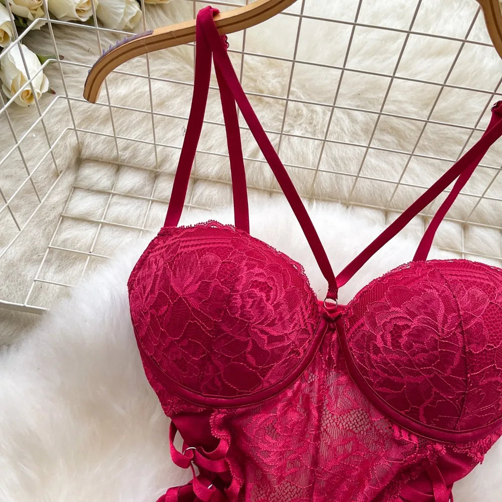 Sexy Lace Push Up Bodysuit See Through Mesh Patchwork Sleeveless Slim Thin One Pieces Elegant Women's Strappy Lingerie