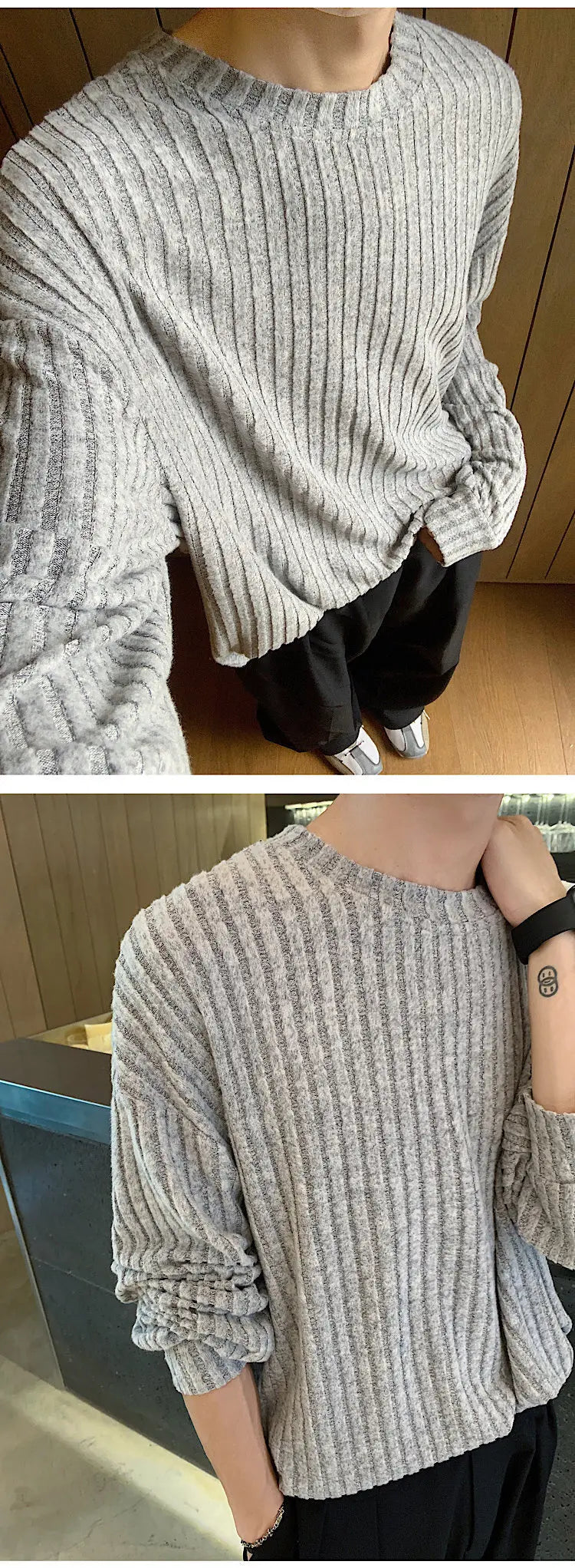 Autumn Long Sleeved T-shirt Men Oversized Fashion Casual Striped T Shirt Men Streetwear Korean Loose Round Neck Tshirt Mens Top
