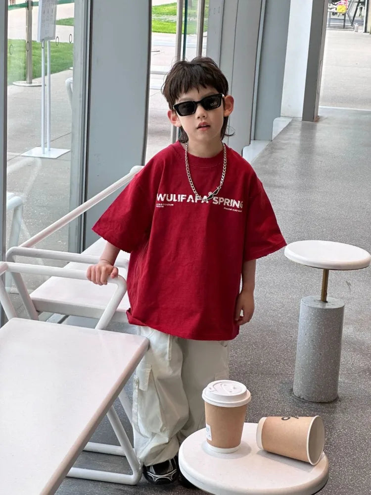Red Cotton T-Shirt for Tween Boys Girls Loose Fitting Trendy Unisex Summer Top with Embroidered Letters Youthful Casual Wear