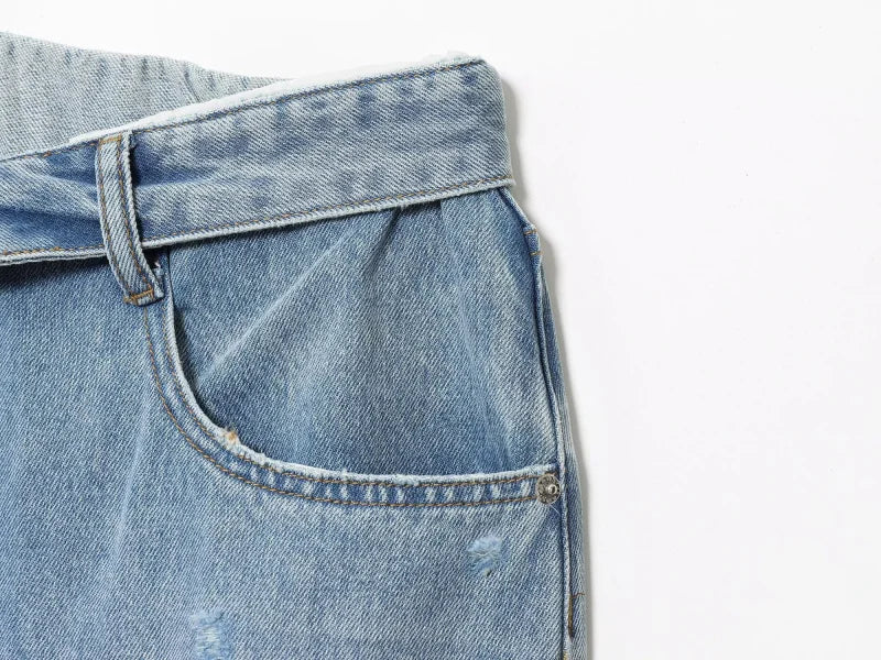2025 women's new street fashion fold waist mid waist washed ripped jeans loose version of the floor-length pants