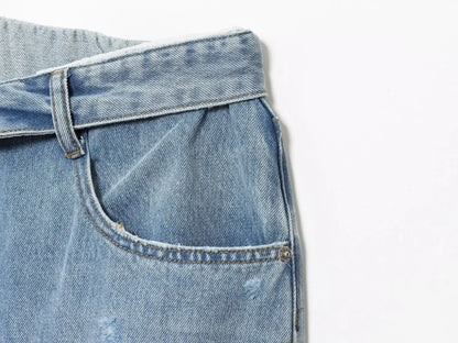 2025 women's new street fashion fold waist mid waist washed ripped jeans loose version of the floor-length pants