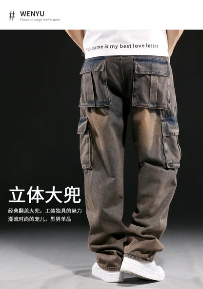 New Men's Fashion Multiple Pockets Loose Jeans Casual Denim Straight Pants Male Hip Hop Wide Leg Cargo Trousers Streetwear