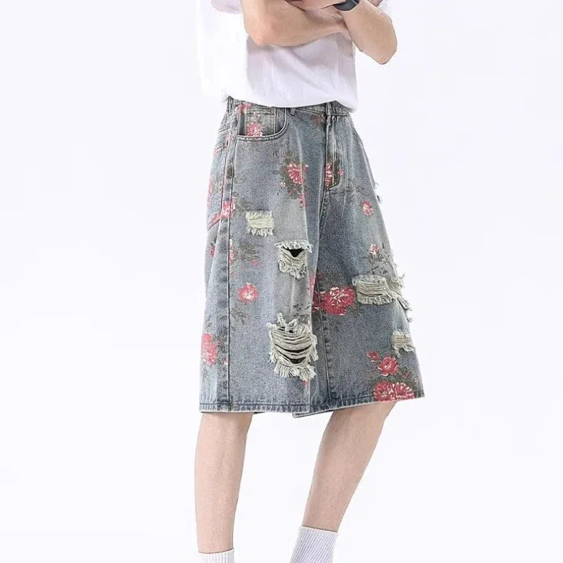 2025 Mens Rose Print Distressed Denim Shorts Summer Baggy Ripped Jeans Five Inch Cargo Shorts Y2K Streetwear Vintage Hip Hop