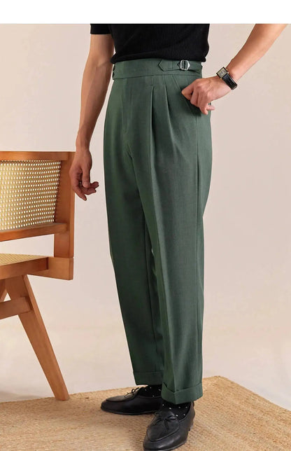 2025 New Italian Style Double Pleated Neapolitan Mens Formal Pants Casual Business Straight Leg High Waist Office Trousers Men