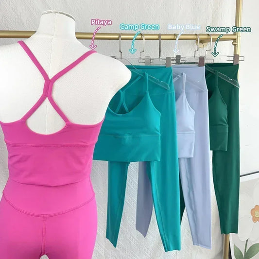 2 Piece Yoga Set Sportswear Fitness Suits Sexy Cross back Yoga Tops Elasticity High Waist Leggings Running Sports Clothing