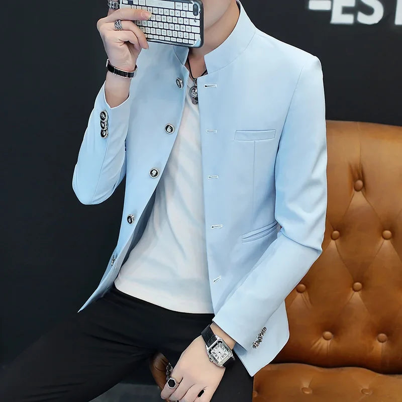 2024 Men's Slim Fit Long Sleeve Casual Suit Korean Trend Stand Collar Fashion Handsome Male Suit