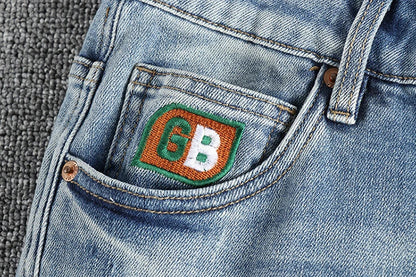 New wash light blue ground white jeans men's spring American fashion brand small straight leg retro casual youth pants
