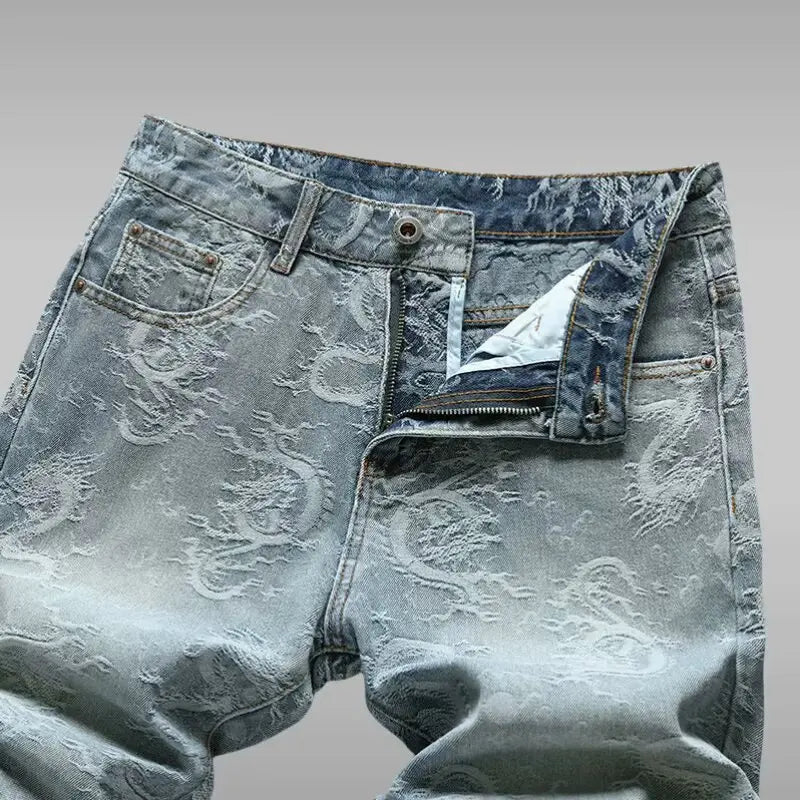 Men's Denim Shorts Overalls Chinese Loong Printed Simple Pants Blue Shorts Spring and Summer