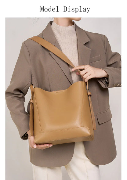 Ladies' Split Leather Bucket Shoulder Bags Female Commute Shopping Messenger Bags Adjustable Shoulder Strap Women Casual Handbag