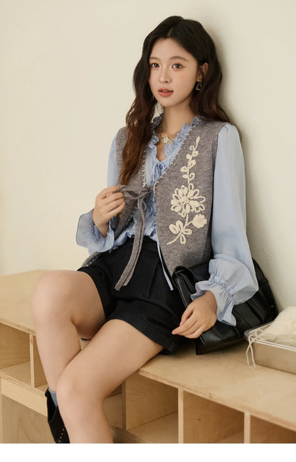 100% Lyocell Women's Blue Shirt 2025 Autumn French Ruffles Long Sleeves Ties Blouse Office Lady Elegant Top MXE45X2484