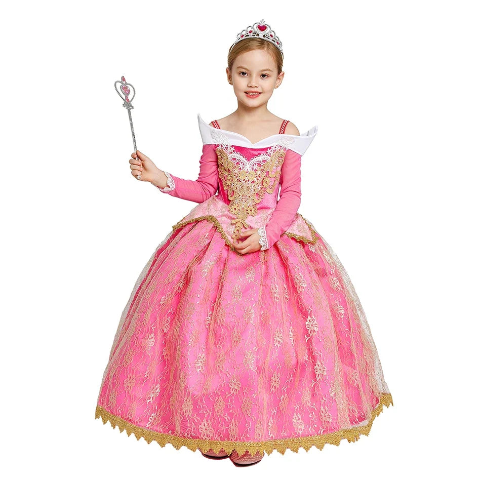 Girls Princess Dress Sleeping Beauty Aurora Cosplay Costume 2025 Kids Carnival Birthday Party Pink  Long Sleeve  Evening Dresses