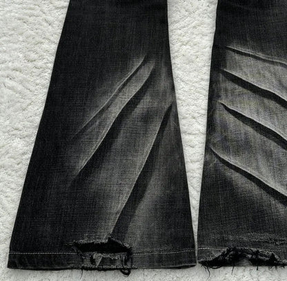 Y2K Distressed Flare Jeans Gothic Men Double Waist Lace Up Denim Pants Retro Washed Scratches Streetwear Unisex Bootcut Jeans