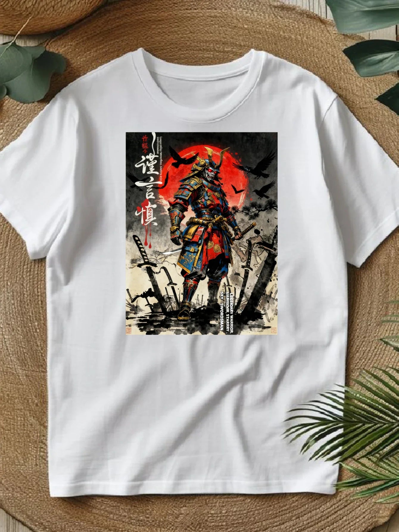 100% pure cotton short sleeved T-shirt Samurai Warrior Standing With Sword Red Moon Background Japanese Calligraphy Artwork Traditional Style Design Easy to wear and match, comfortable and fashionable, suitable for all season