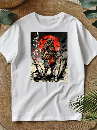 100% pure cotton short sleeved T-shirt Samurai Warrior Standing With Sword Red Moon Background Japanese Calligraphy Artwork Traditional Style Design Easy to wear and match, comfortable and fashionable, suitable for all season