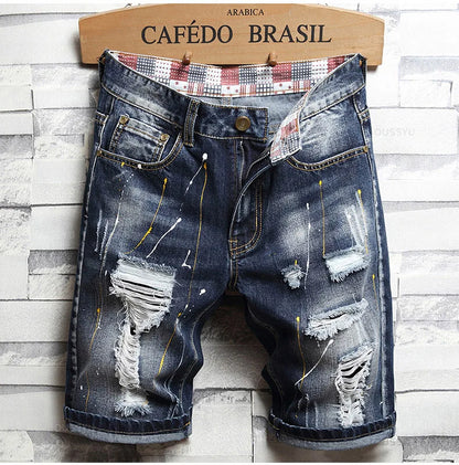 Brand Clothing New Summer Ripped Hole Denim Shorts Men Cotton Thin Straight Retro Biker Knee Length Short Jeans Male Streetwear