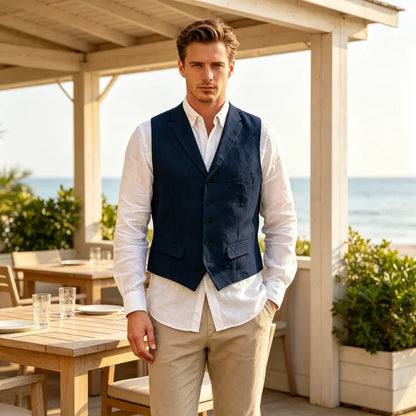 Men's Linen Suit Vest Lapel Sleeveless Summer Linen Waistcoat Single Breasted  For Beach Wedding Holiday Mens Gilet