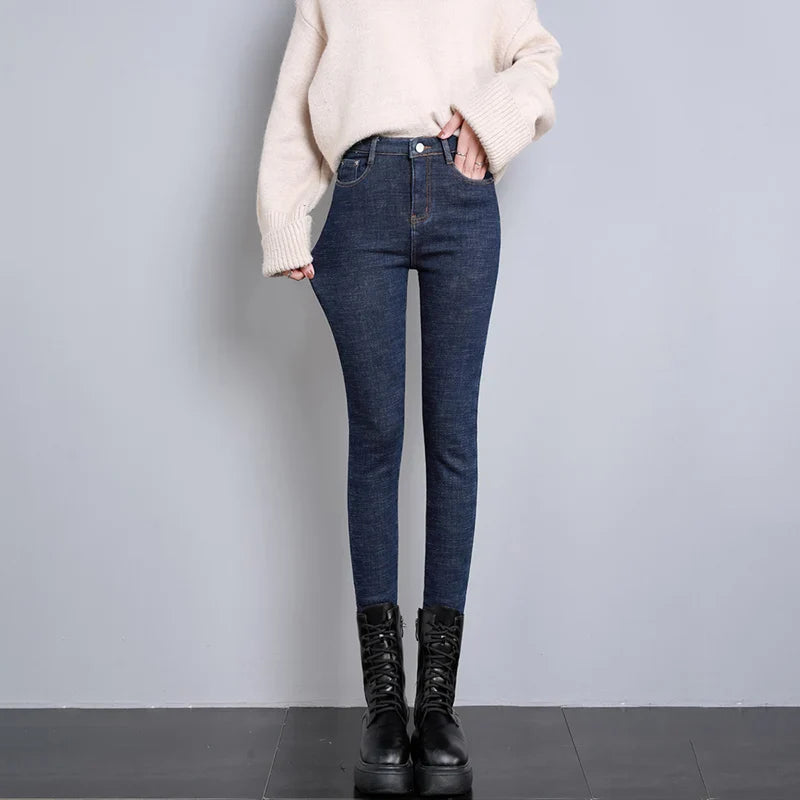 2023 Fashion Women Stretch High Waist Pencil Pants Casual Female Velvet Jeans High Quality Fleece Mom Jeans Thick Plush Pants