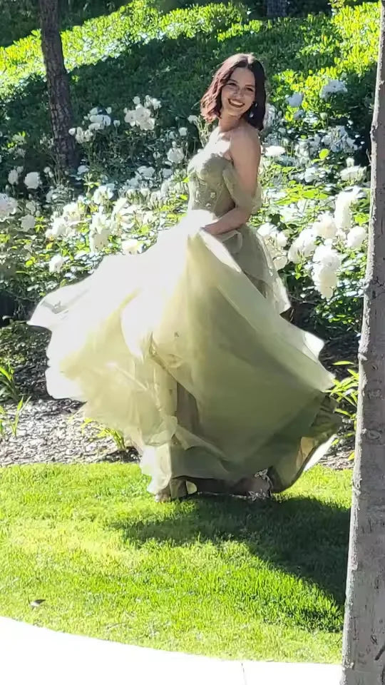 Sage Green Prom Dress Appliques Tulle Celebrity Dresses Tiered Pleat Women's Evening Dress Sweetheart Formal Gown 프롬 드