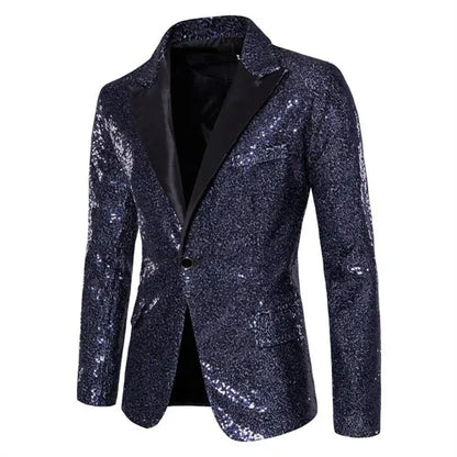 2026 Men's Suit Jacket, Shiny Sequin Stage Performance Coat, White Silver Blue Red Purple Blazers V-neck Single Button S-XXL