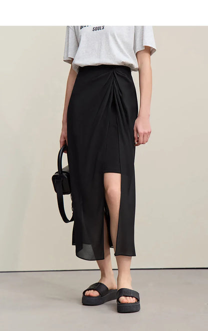 Women's Skirt 2026 Summer Elegant Chiffon Midi Skirt Pleated Side Slit Office Casual Versatile Women's Clothing 12612002