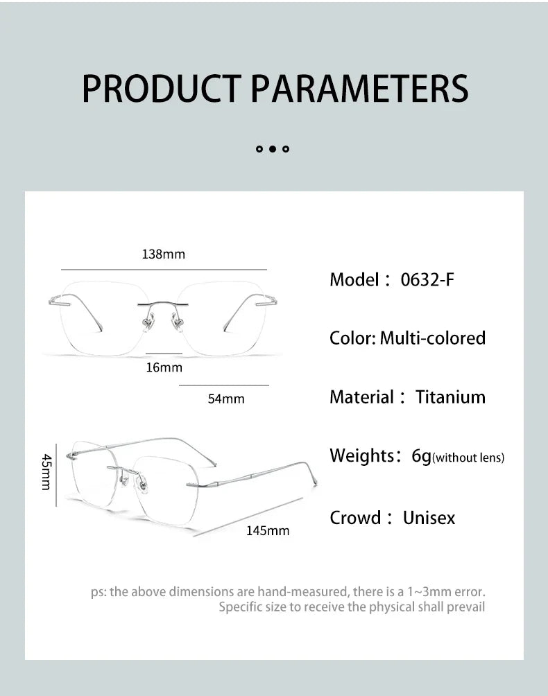 Ultra-light Titanium Rimless Myopia Frames Unisex Simple Square Read Frames Glasses Customized Prescription Glasses F0623