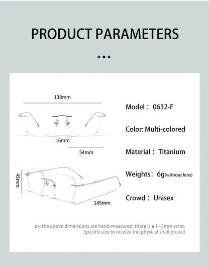 Ultra-light Titanium Rimless Myopia Frames Unisex Simple Square Read Frames Glasses Customized Prescription Glasses F0623