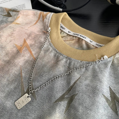 Children Handsome Suit Casual Clothes Summer New Zaidan Lightning T-shirt with Necklace+ Ripped Jeans 2Pcs/set Infant Tracksuits