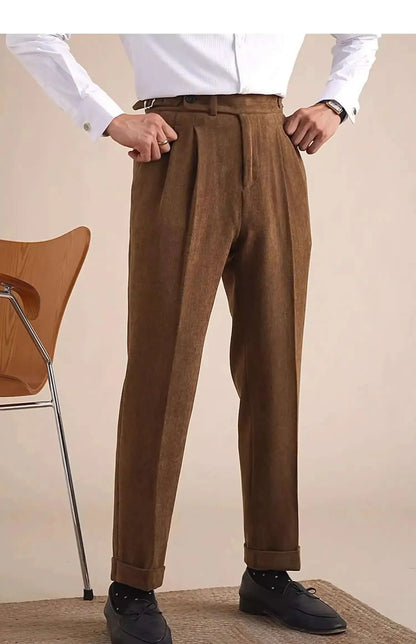 Men Dress Pant Fall Straight Tube Casual Pant Social Trousers Office Double Pleated High Waisted Trousers Men Formal Pant
